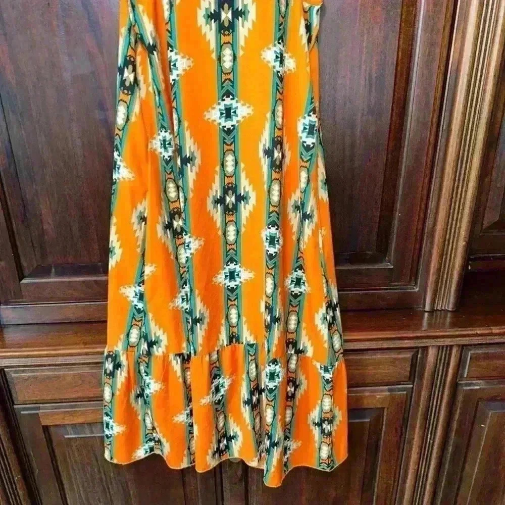 Turquoise Haven Long Rayon Kimono S/M Orange Teal Aztec / Western Wear Design - Picture 10 of 12